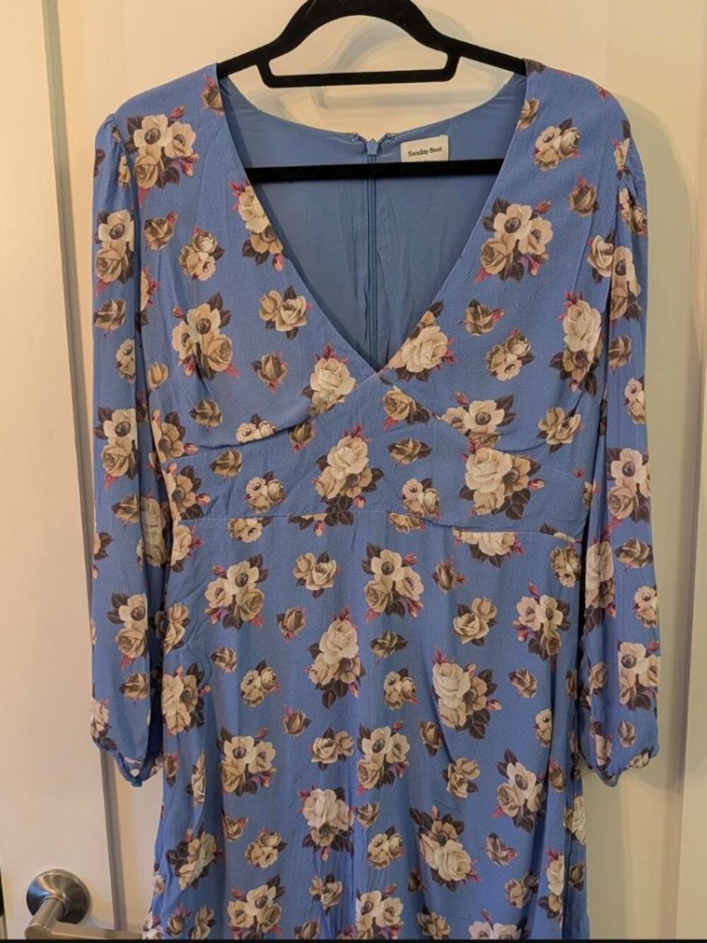 Aritzia Sunday Best Blue Rose Floral V-Neck Balloon Sleeve Mini Dress Size 10